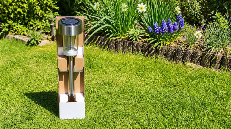 Lampe solaire neuve sortie de son carton, posée en plein soleil pour sa première charge