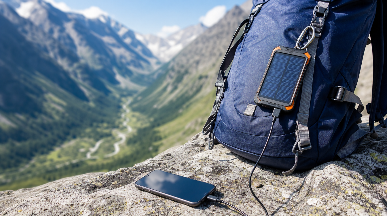 Chargeur solaire portable et power bank solaire posés au soleil en randonnée