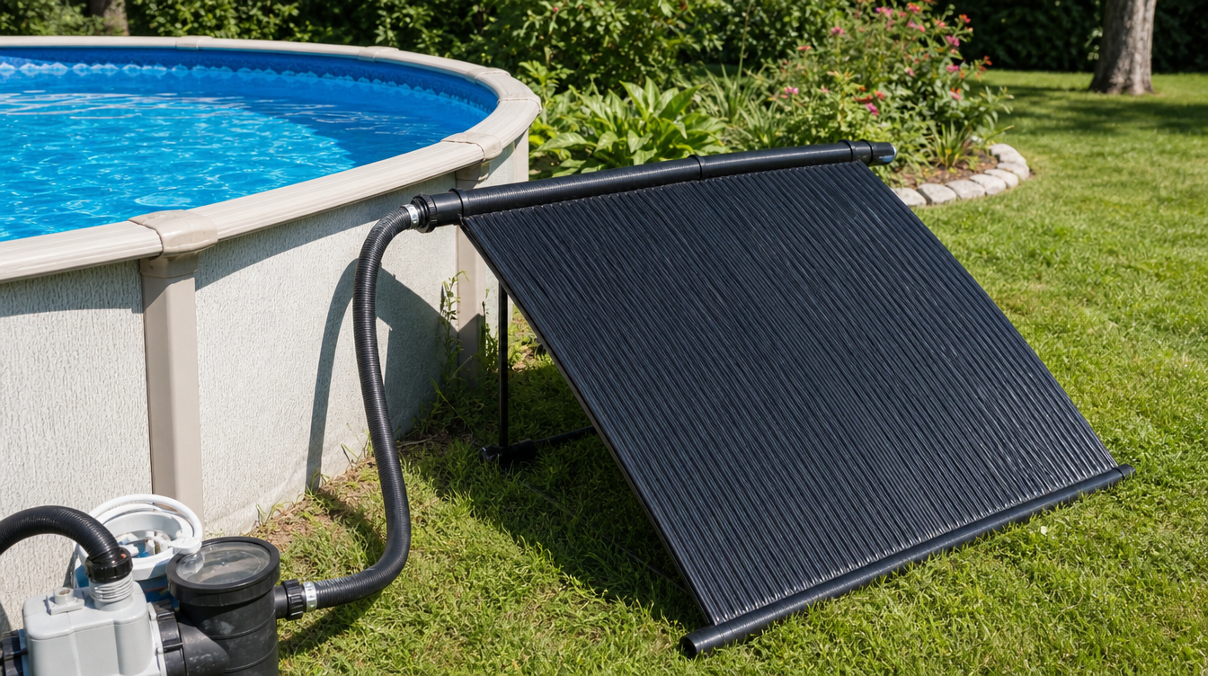 Capteurs de chauffage solaire installés au bord d'une piscine de jardin