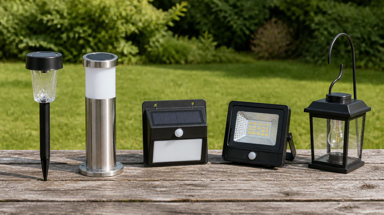 Cinq types de lampes solaires alignés sur une table de jardin : spot, borne, applique, projecteur et lanterne