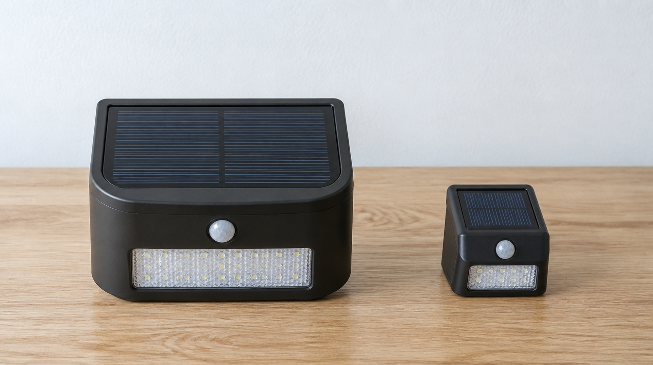 Deux lampes solaires d'extérieur comparées côte à côte sur une table, panneaux de tailles très différentes