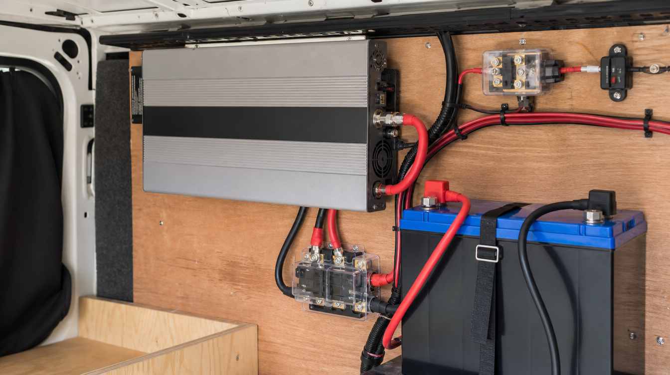 Convertisseur pur sinus 12V 220V raccordé à une batterie dans une installation solaire