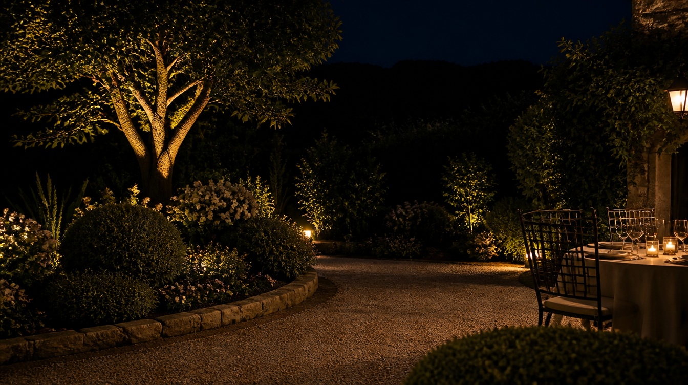 Jardin d'été la nuit avec une composition lumineuse sobre : un arbre, une table et une allée balisée
