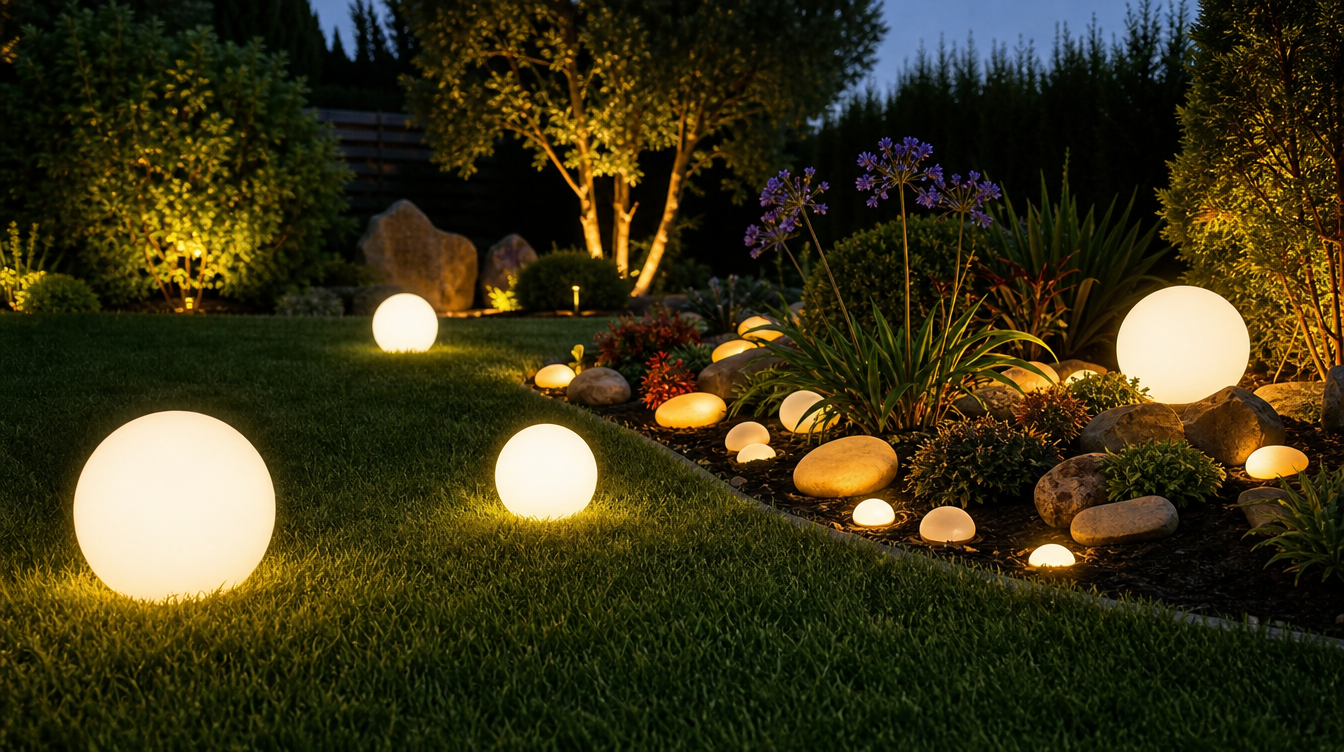 Boules, galets et fleurs solaires lumineuses décorant un massif de jardin la nuit