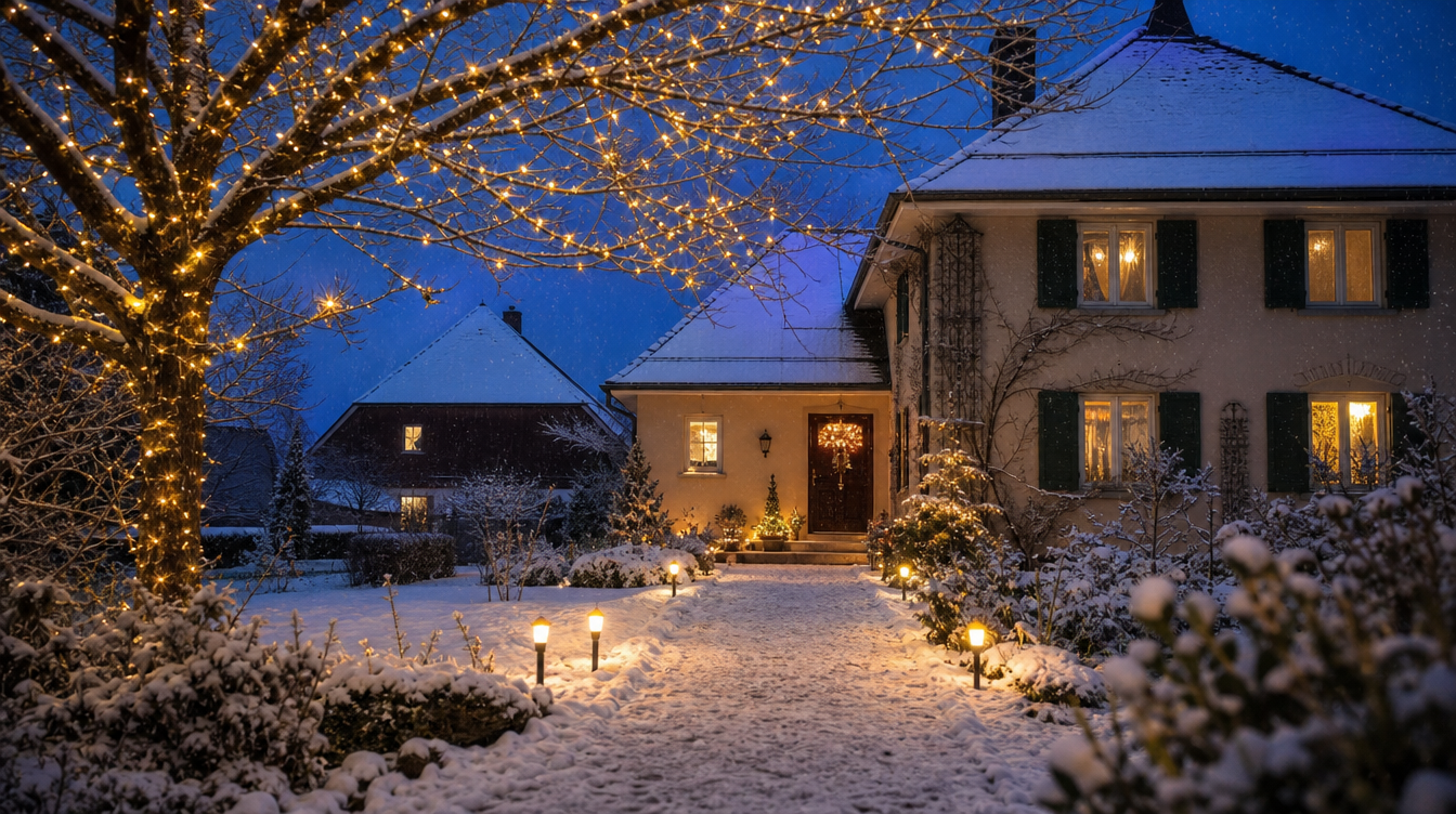Décoration de Noël solaire extérieure illuminant un jardin enneigé le soir