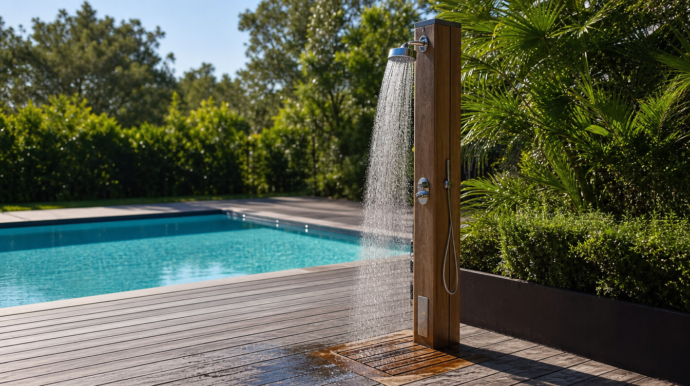 Douche solaire de jardin à colonne installée au bord d'une piscine