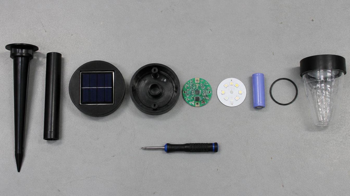 Lampe solaire entièrement démontée, pièces alignées sur un établi : panneau, carte, LED, batterie, joint