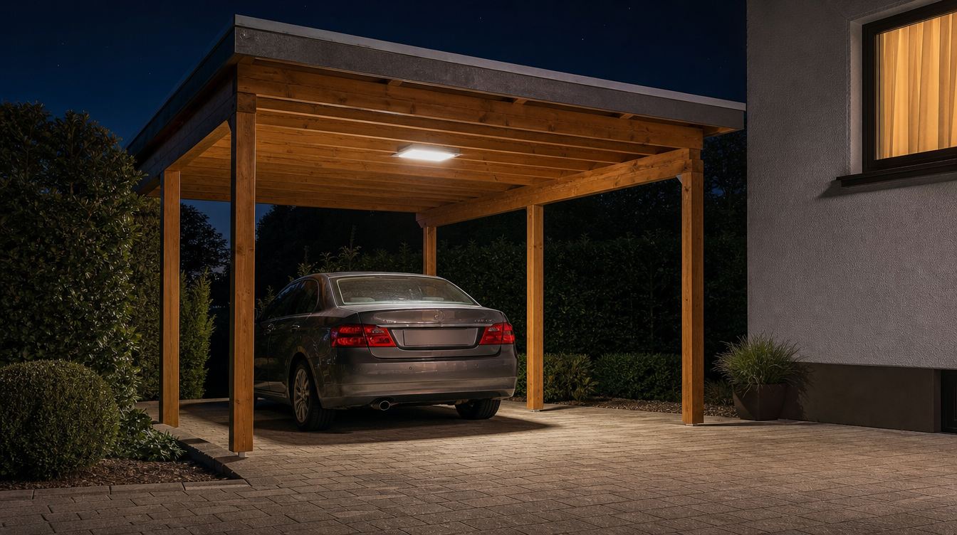 Carport en bois éclairé par un plafonnier solaire à panneau déporté
