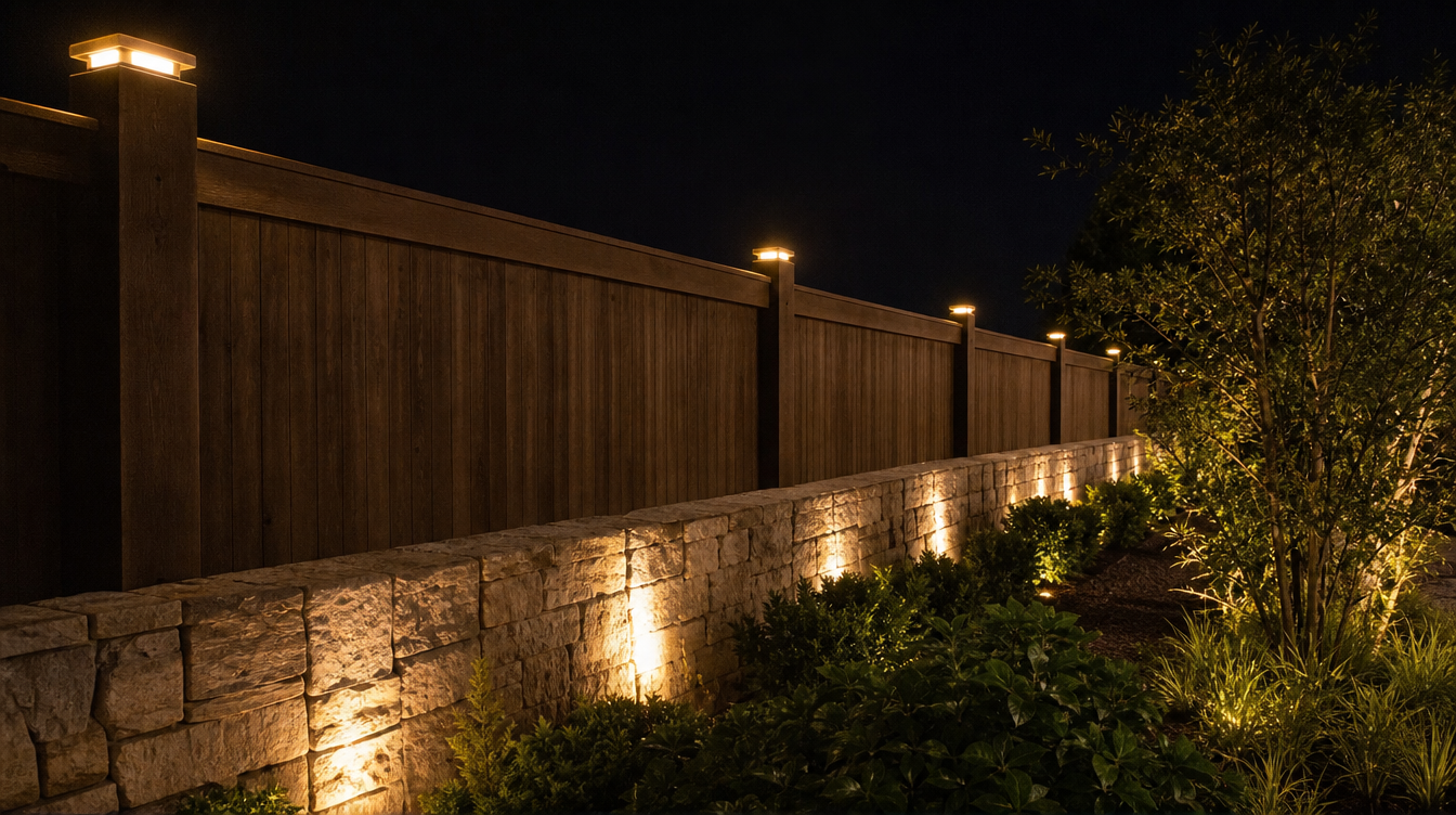 Clôture de jardin éclairée par des lampes solaires en capuchon de poteau