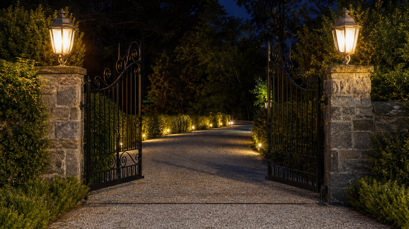 Entrée de maison éclairée avec lampes solaires sur les piliers du portail