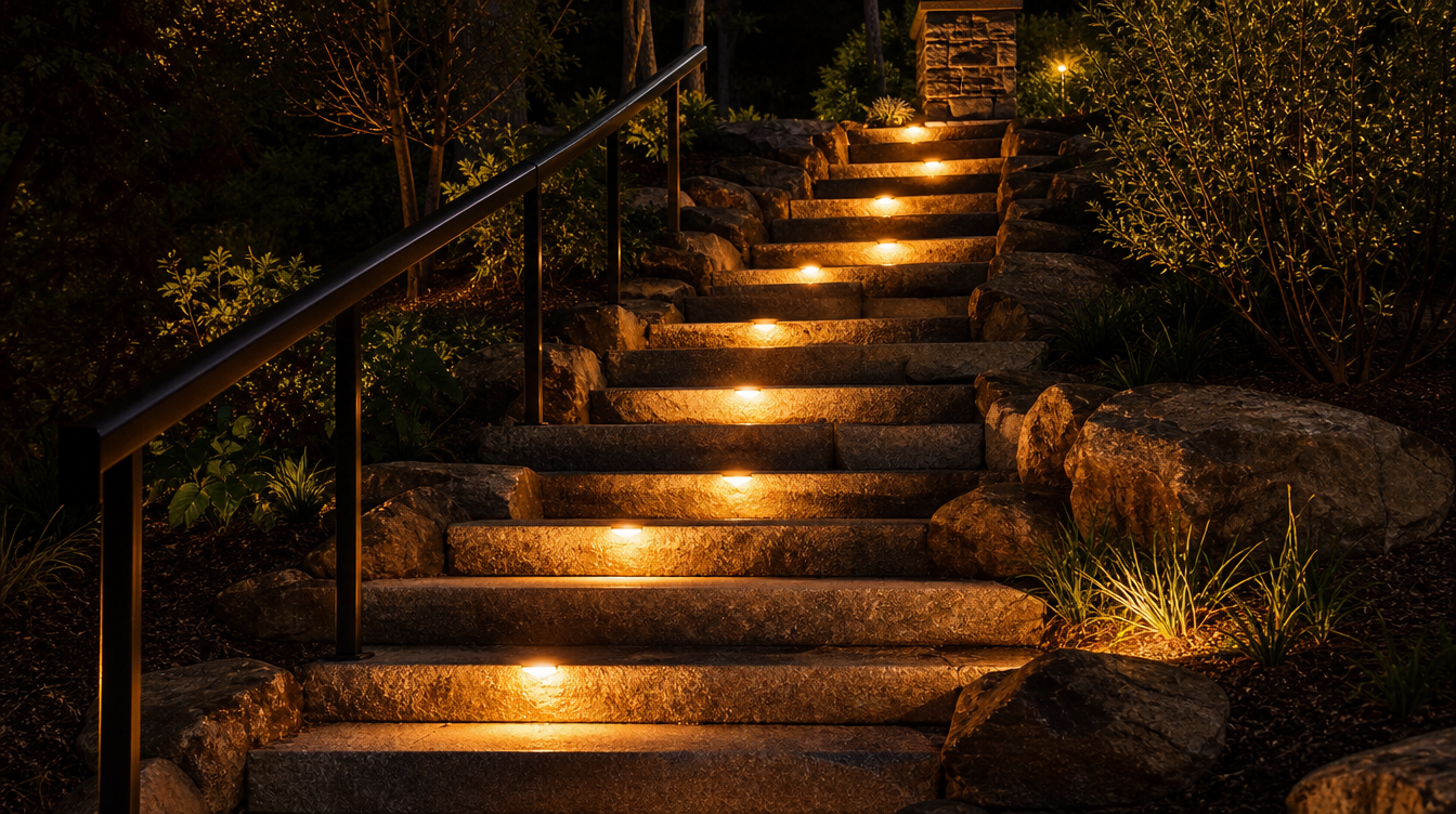 Escalier extérieur de jardin éclairé par des spots encastrés dans les contremarches