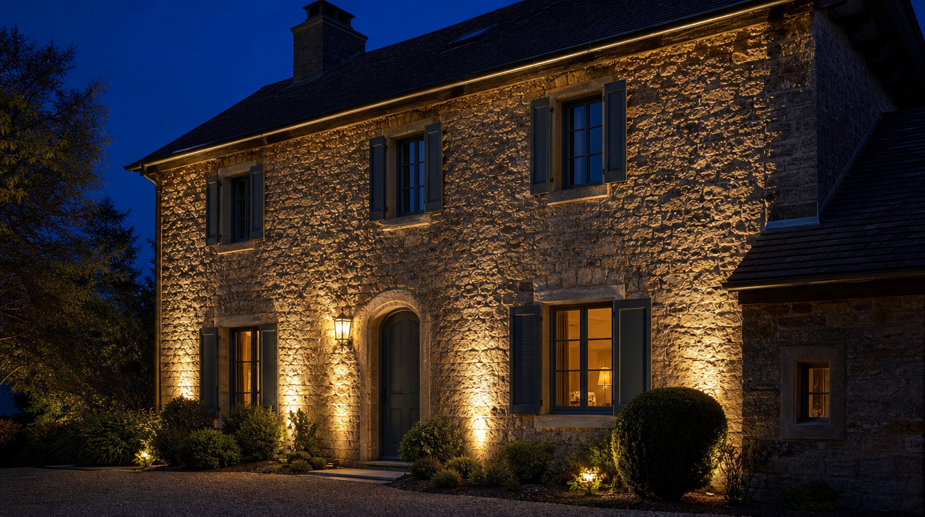 Façade de maison éclairée par des appliques solaires et un lèche-mur