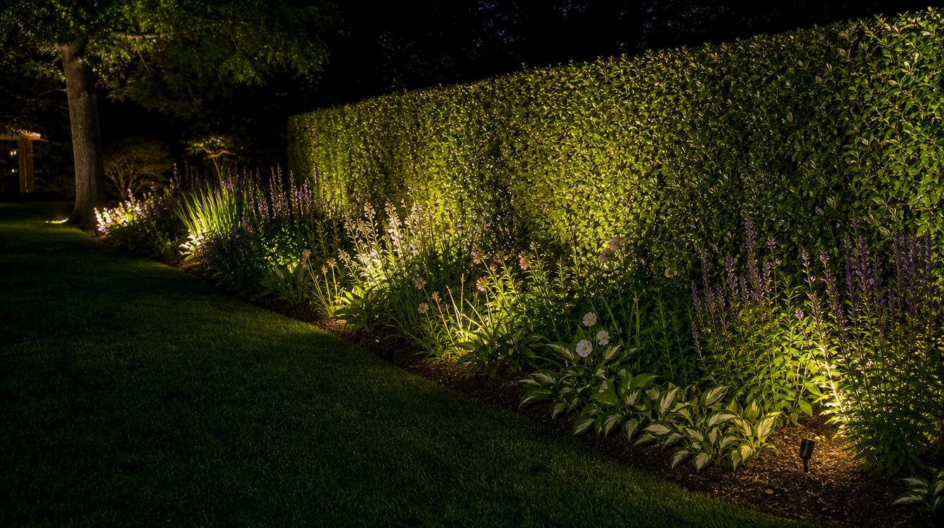 Massif de jardin mis en lumière par des spots solaires en contre-plongée