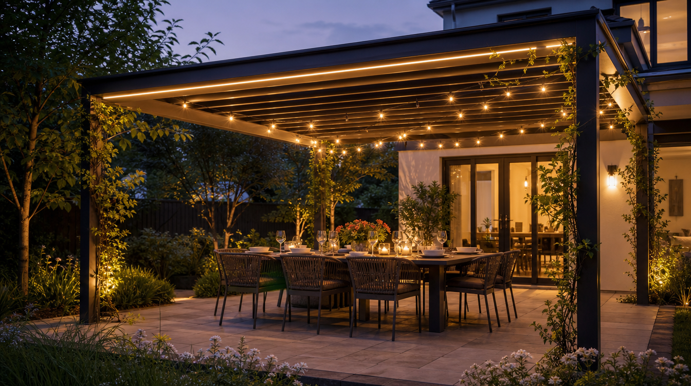 Pergola éclairée par une guirlande solaire et un ruban LED sous les poutres