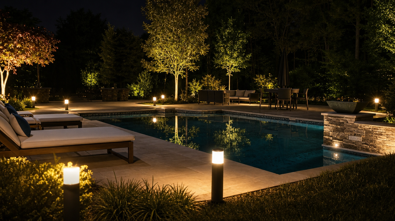 Abords de piscine éclairés par des bornes solaires et des spots de balisage