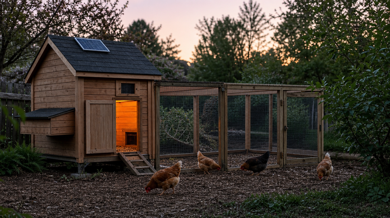 Poulailler de jardin éclairé par une lampe solaire à panneau déporté posé sur le toit