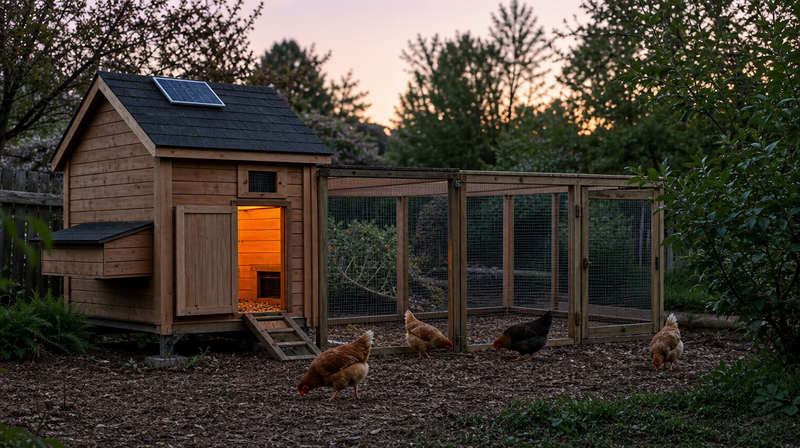 Poulailler de jardin éclairé par une lampe solaire à panneau déporté posé sur le toit