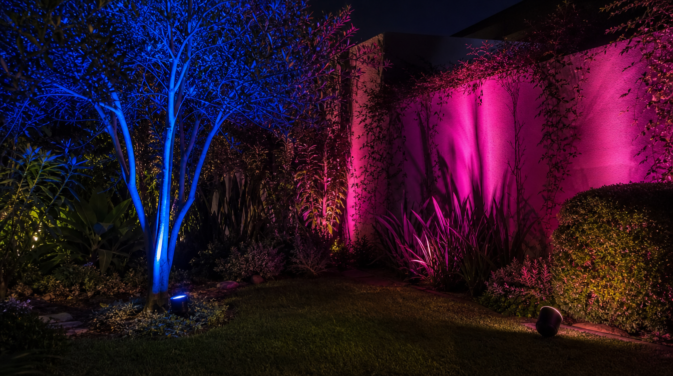 Projecteurs solaires RGB éclairant un arbre et un mur de jardin en couleur