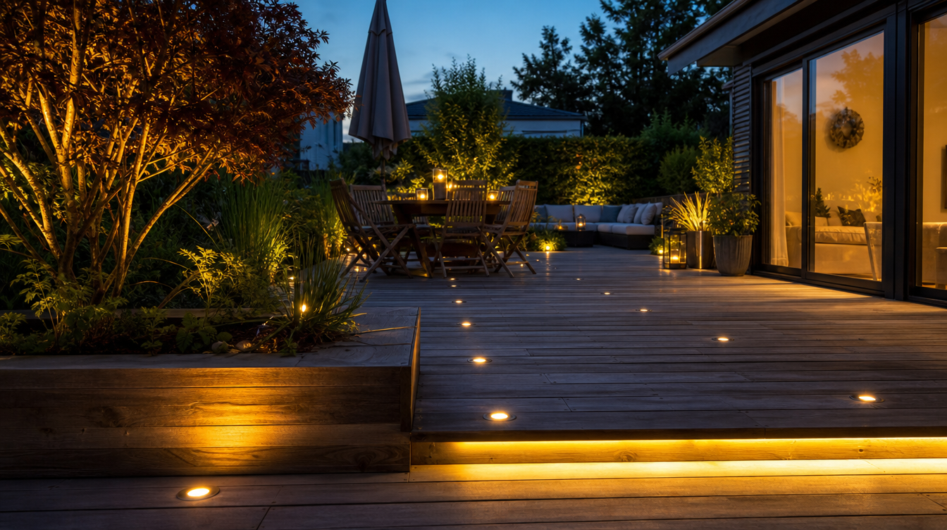 Terrasse en bois éclairée par des spots encastrés et un ruban LED solaire