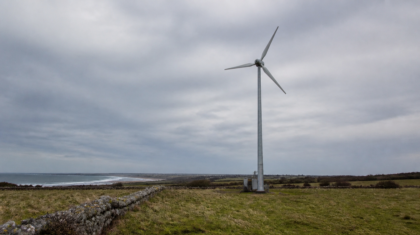 Éolienne domestique sur mât dans une campagne venteuse du littoral