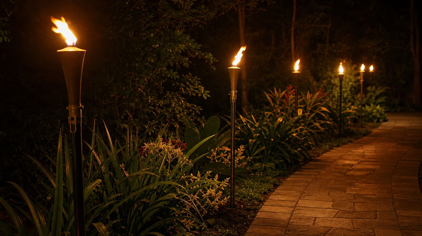 Flambeaux solaires à effet flamme plantés le long d'une allée de jardin la nuit