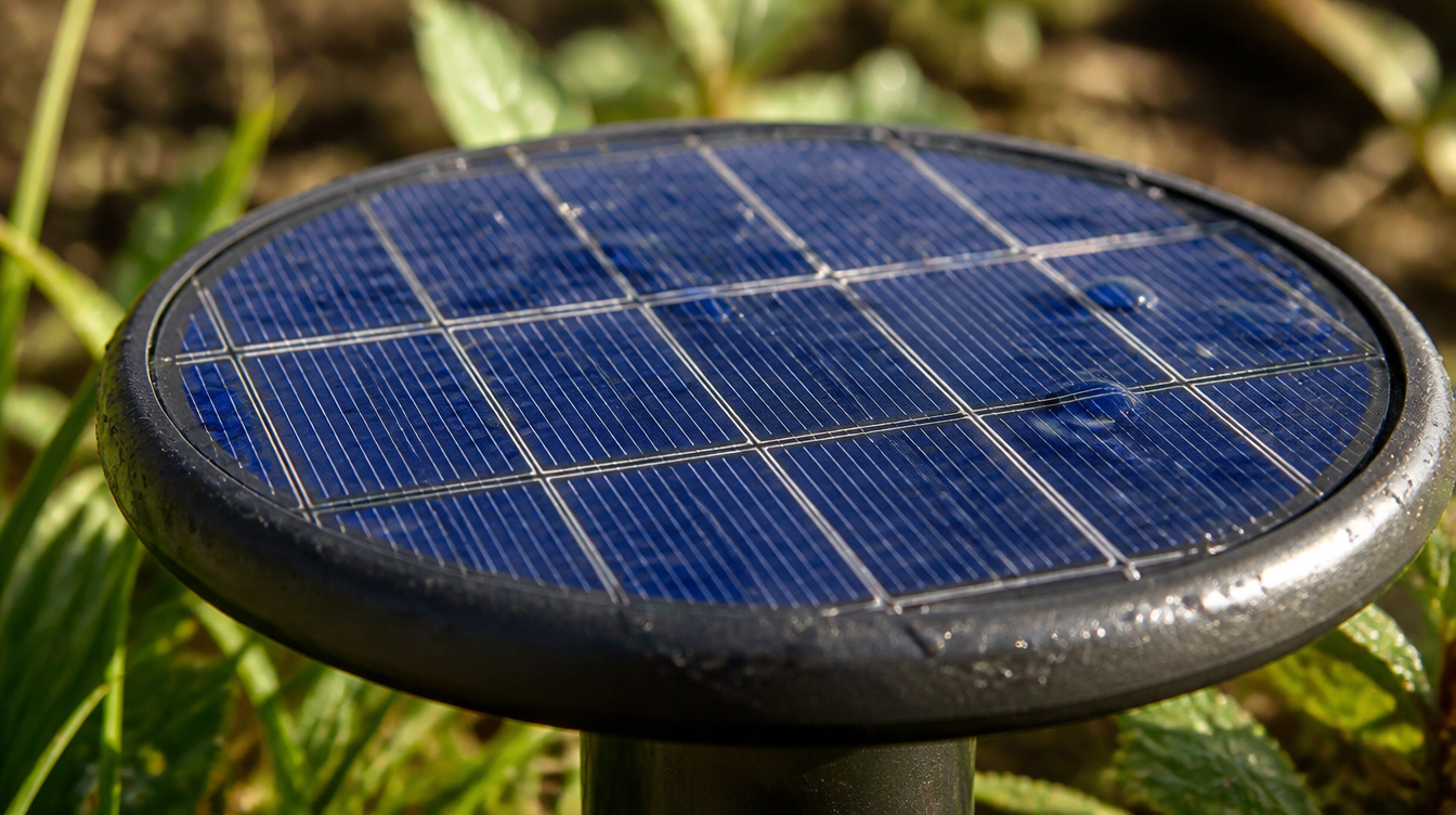 Macro des cellules photovoltaïques bleues du panneau d'une lampe solaire de jardin