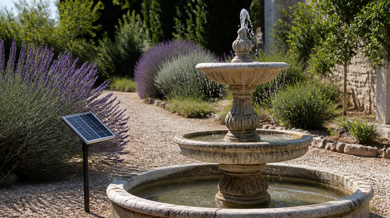 Fontaine solaire de jardin en pierre avec panneau sur piquet, jet d'eau en plein soleil