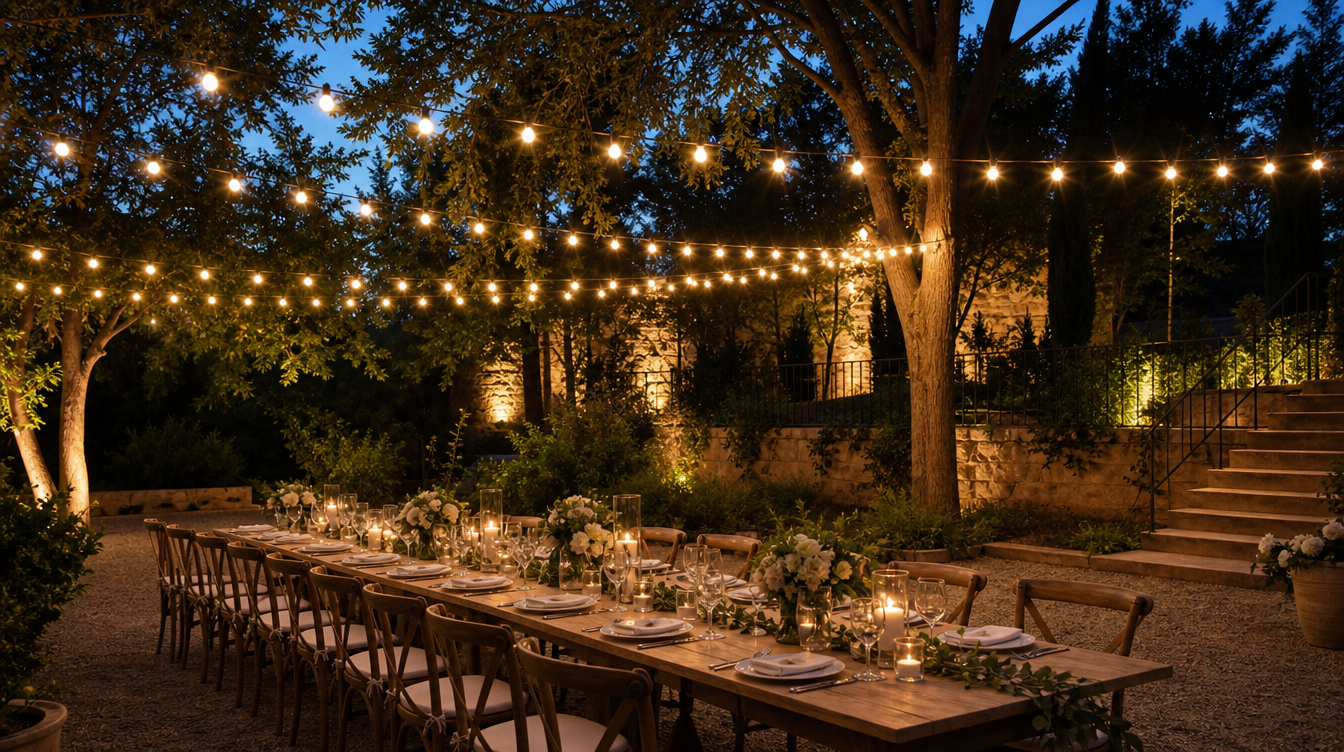 Guirlandes guinguette tendues au-dessus des tables d'une réception de mariage au jardin