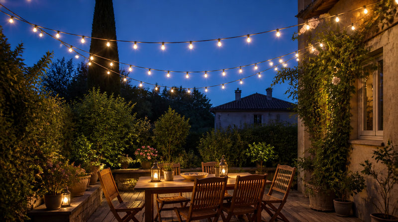 Guirlande lumineuse extérieure solaire posée en zigzag au-dessus d'une terrasse en bois