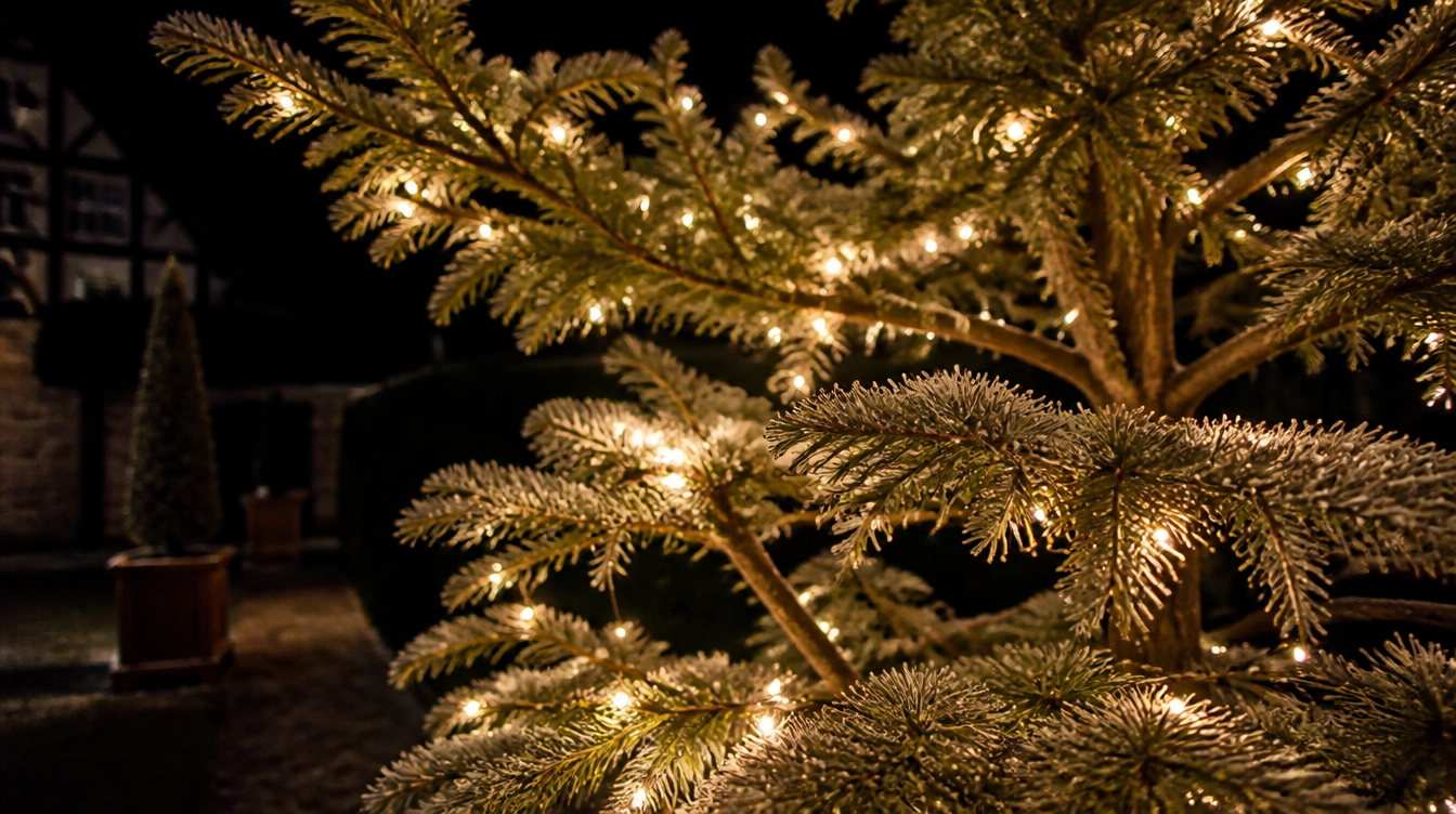 Guirlande solaire de Noël blanc chaud enroulée sur un sapin extérieur la nuit