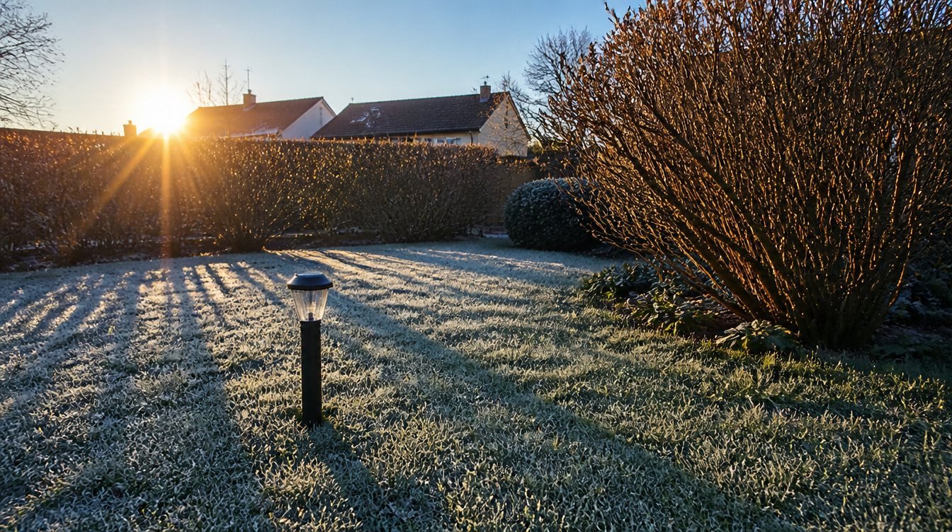Lampe solaire en hiver dans un jardin givré sous un soleil rasant de décembre