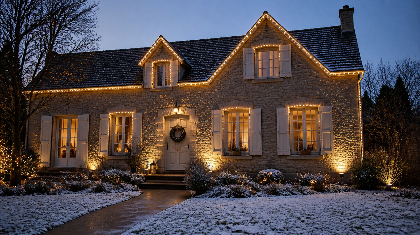 Façade de maison décorée pour Noël en extérieur avec guirlandes blanc chaud au crépuscule