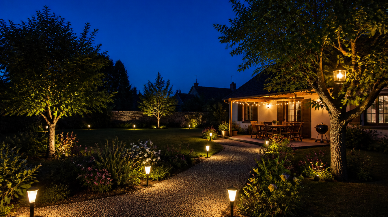 Jardin entièrement éclairé sans électricité par des lampes solaires au crépuscule