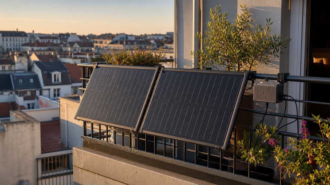 Kit solaire plug and play installé sur le garde-corps d'un balcon