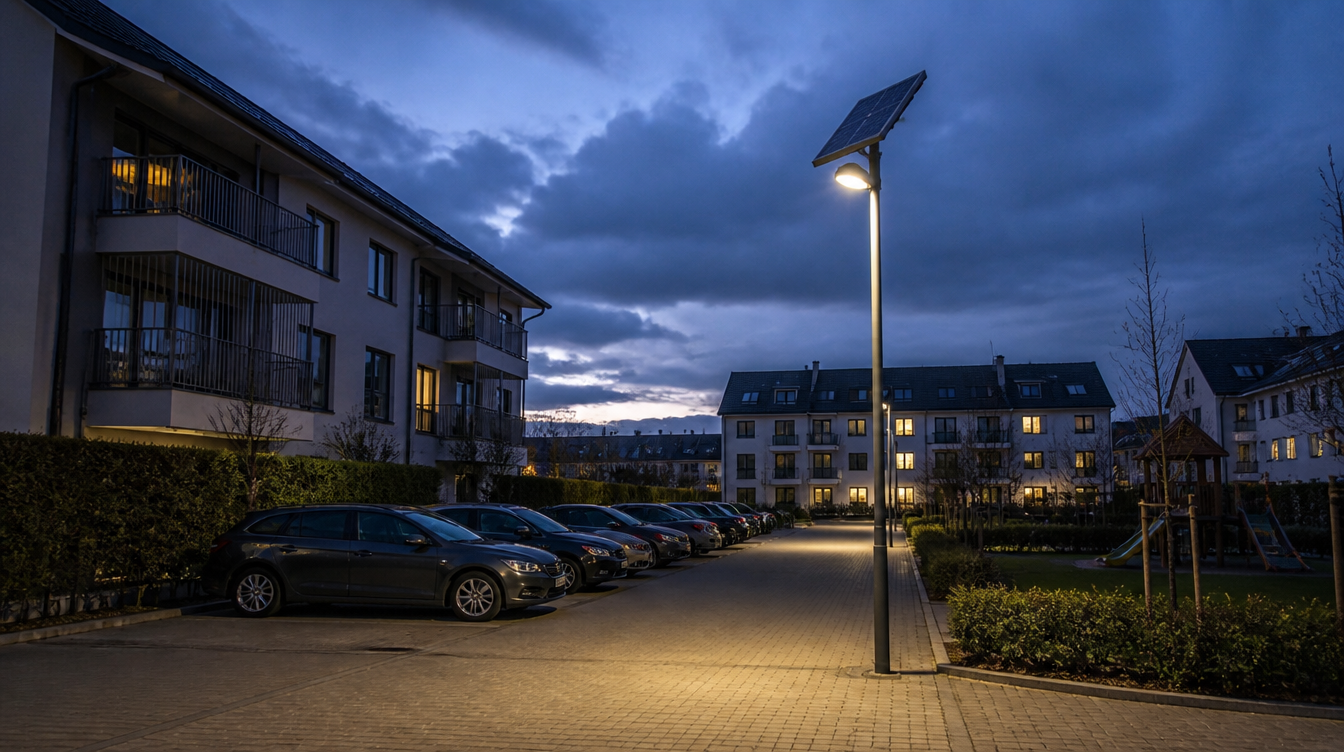 Lampadaire solaire puissant sur mât éclairant une cour de copropriété au crépuscule