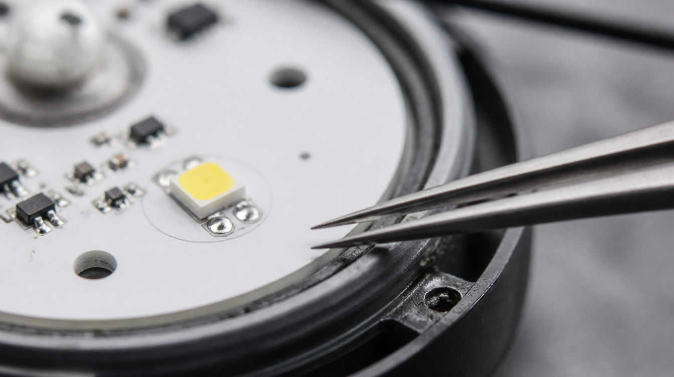 Macro d'un module LED et de son luminophore sur la carte d'une lampe solaire ouverte