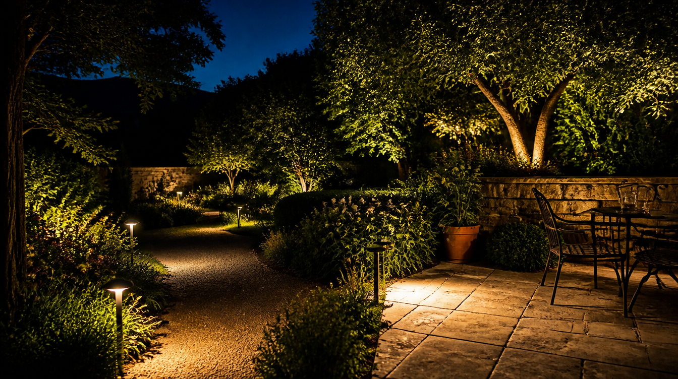 Jardin doté de quelques lampes solaires bien choisies et bien placées la nuit