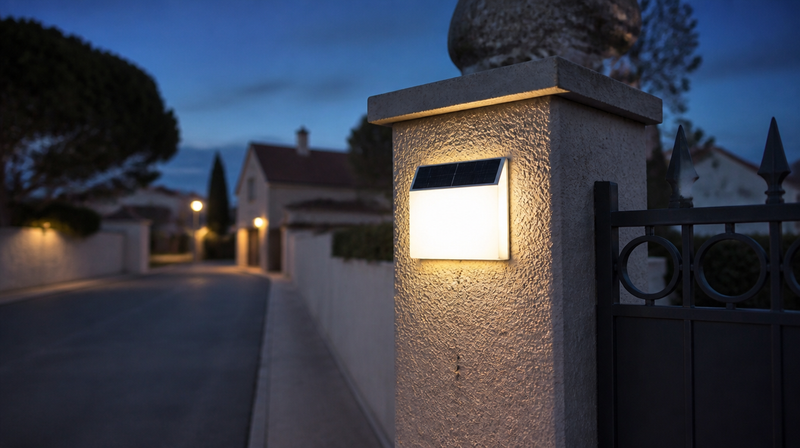 Numéro de maison lumineux solaire installé sur un pilier de portail à la tombée de la nuit