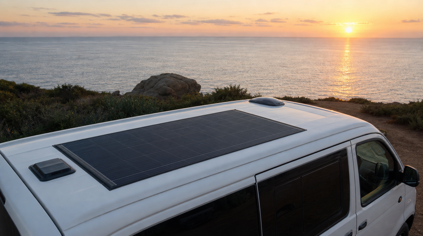 Panneau solaire souple installé sur le toit d'un van aménagé et d'un camping-car