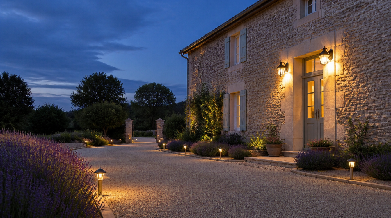 Maison en pierre et allée de gravier éclairées en solaire à la tombée de la nuit