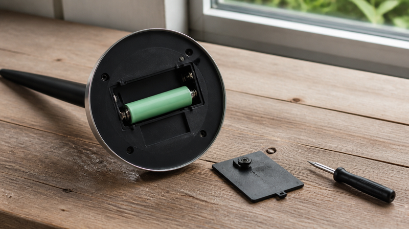Compartiment à pile d'une lampe solaire ouvert sur un établi avec un tournevis