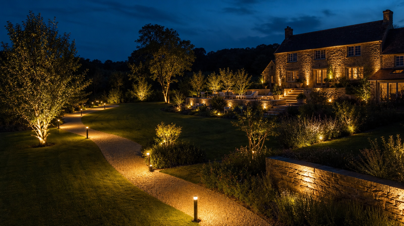 Jardin éclairé selon un plan lumière avec balisage au sol et mise en valeur des arbres