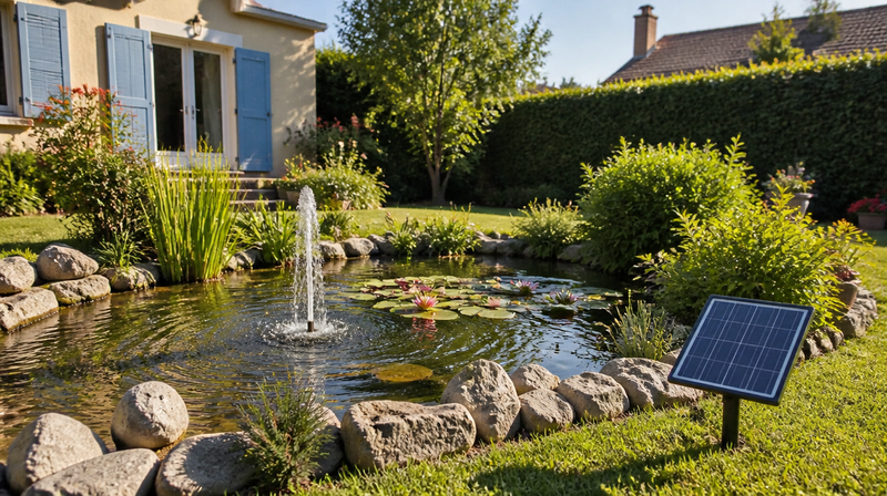 Pompe solaire de bassin alimentant un jet d'eau dans un bassin de jardin ensoleillé