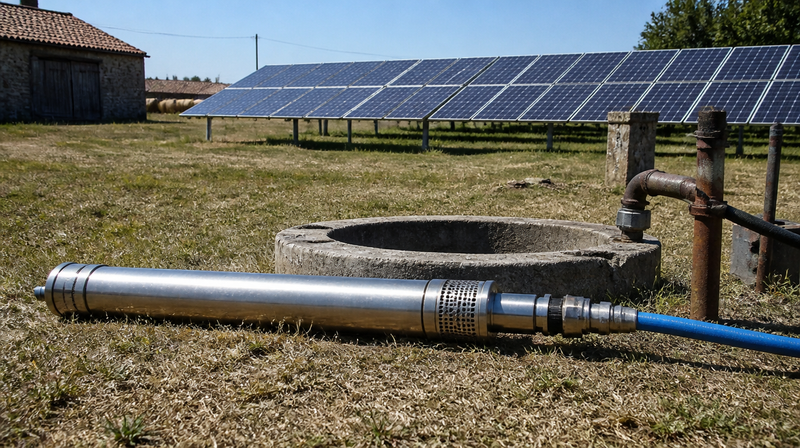Pompe solaire submersible posée près d'un puits, panneaux solaires à l'arrière-plan