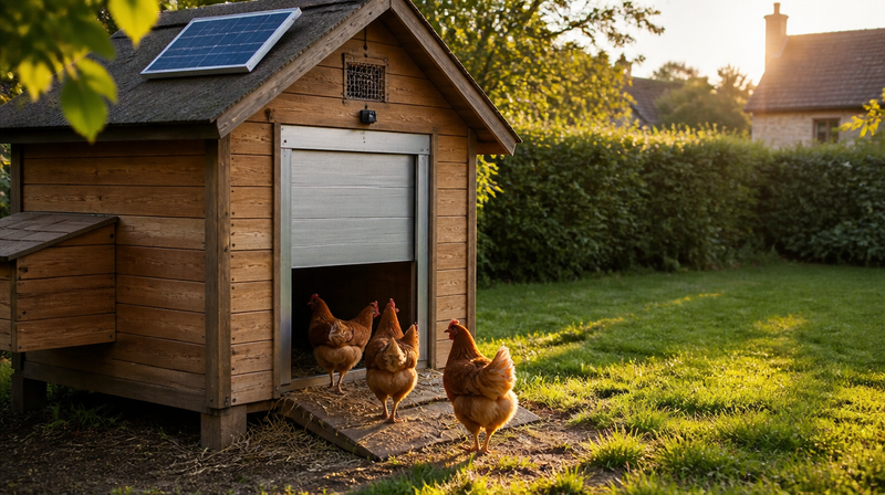 Porte automatique de poulailler solaire ouverte au crépuscule dans un jardin