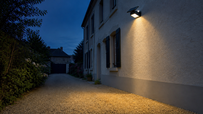 Projecteur solaire installé à environ 2,5 m sur une façade éclairant une allée au crépuscule
