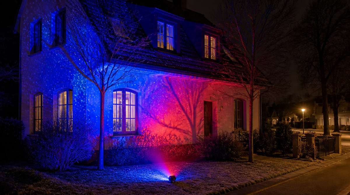 Projecteur de Noël extérieur éclairant la façade d'une maison en couleurs une nuit de décembre