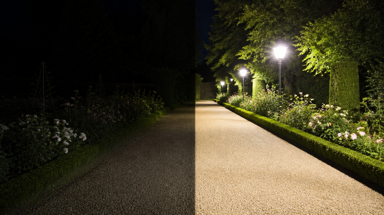 Comparaison de deux niveaux de puissance d'éclairage solaire sur la même allée de jardin