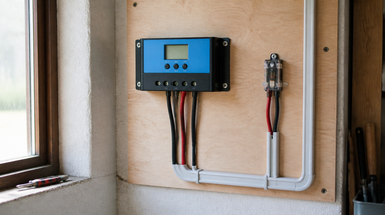 Régulateur de charge solaire fixé sur un panneau de bois avec câblage rangé