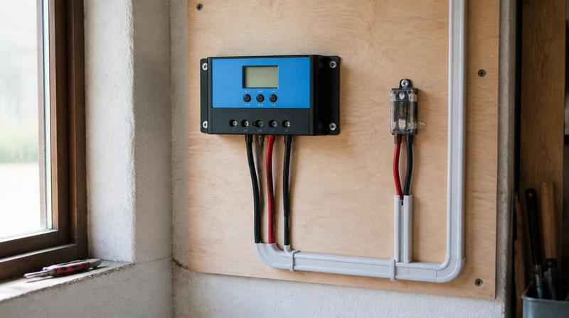 Régulateur de charge solaire fixé sur un panneau de bois avec câblage rangé
